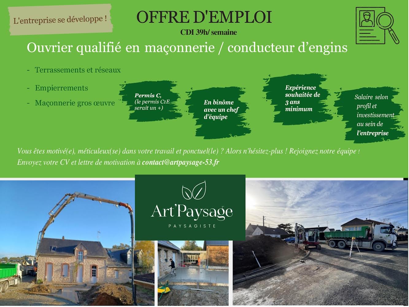 Nous recrutons un ouvrier qualifié en maçonnerie/ conducteur d’engins